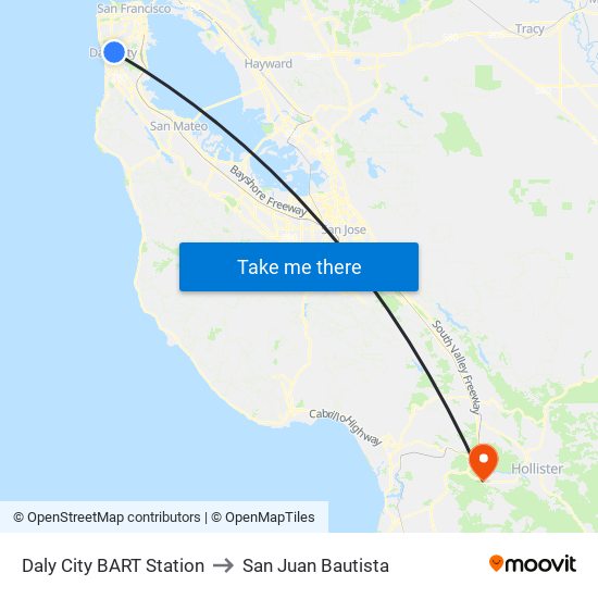 Daly City BART Station to San Juan Bautista map