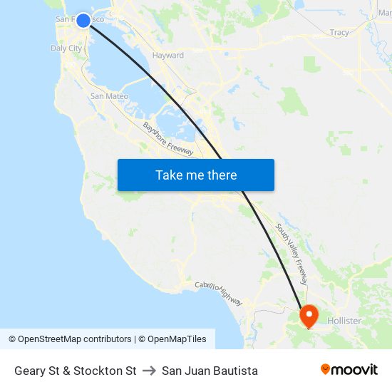 Geary St & Stockton St to San Juan Bautista map