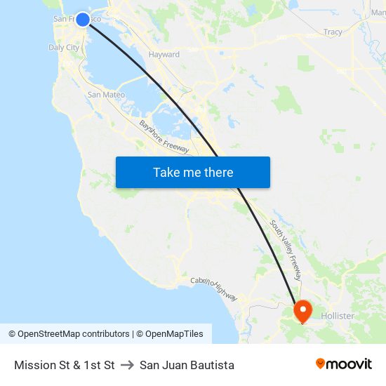 Mission St & 1st St to San Juan Bautista map