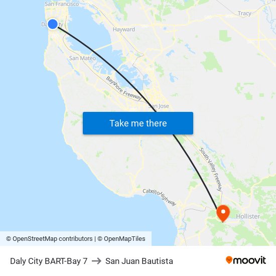 Daly City BART-Bay 7 to San Juan Bautista map