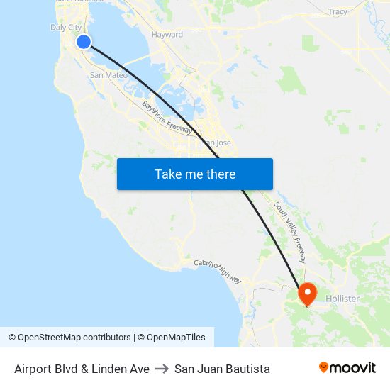 Airport Blvd & Linden Ave to San Juan Bautista map