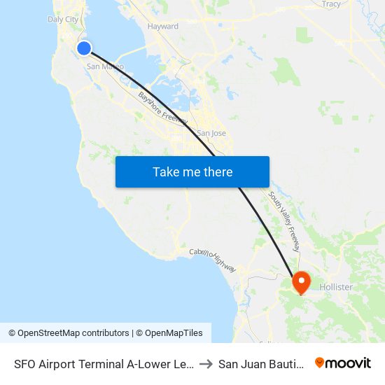 SFO Airport Terminal A-Lower Level to San Juan Bautista map