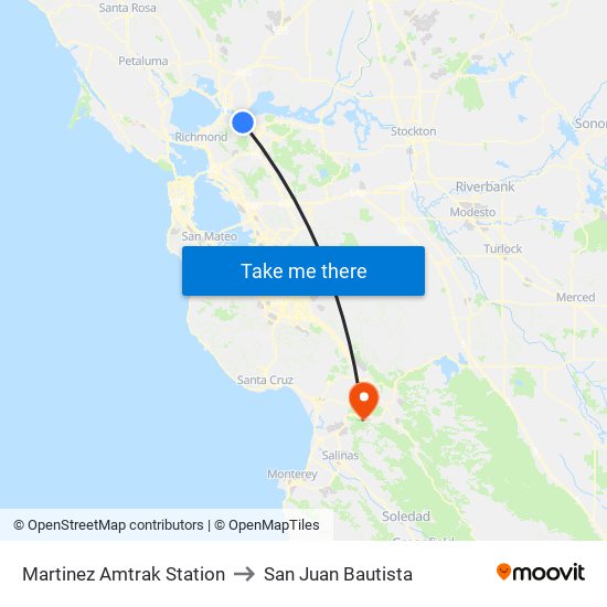 Martinez Amtrak Station to San Juan Bautista map