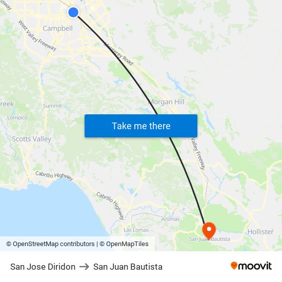 San Jose Diridon to San Juan Bautista map