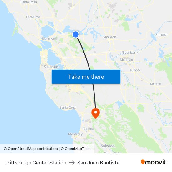 Pittsburgh Center Station to San Juan Bautista map