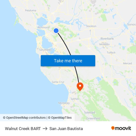 Walnut Creek BART to San Juan Bautista map