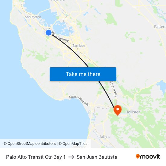 Palo Alto Transit Ctr-Bay 1 to San Juan Bautista map