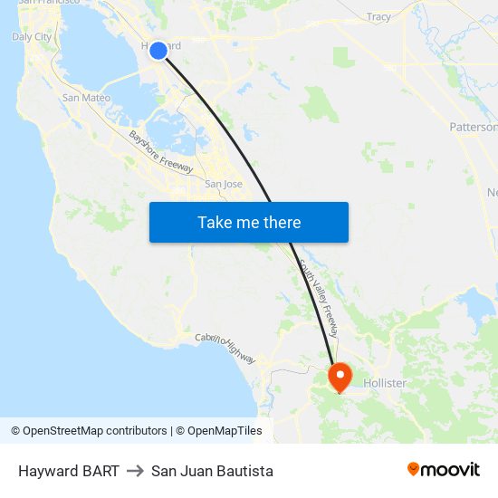 Hayward BART to San Juan Bautista map