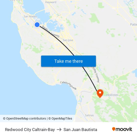 Redwood City Caltrain-Bay to San Juan Bautista map