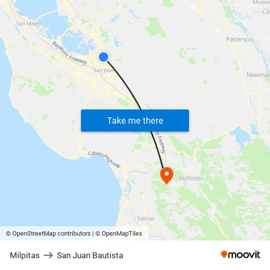 Milpitas to San Juan Bautista map