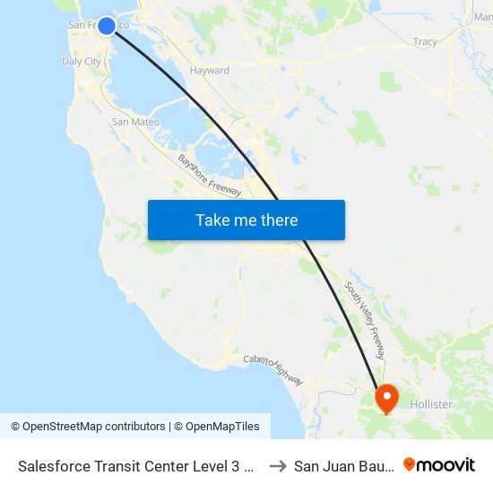 Salesforce Transit Center Level 3 Bus Deck to San Juan Bautista map