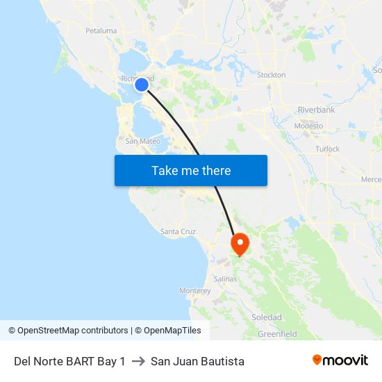 Del Norte BART Bay 1 to San Juan Bautista map