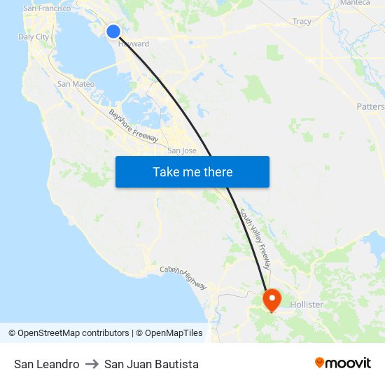 San Leandro to San Juan Bautista map