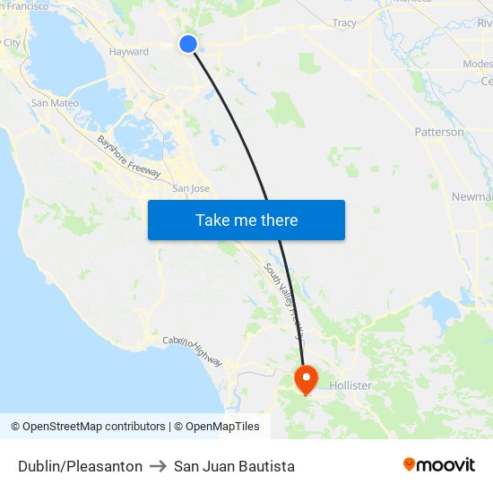 Dublin/Pleasanton to San Juan Bautista map