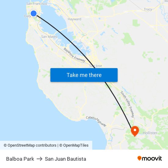 Balboa Park to San Juan Bautista map