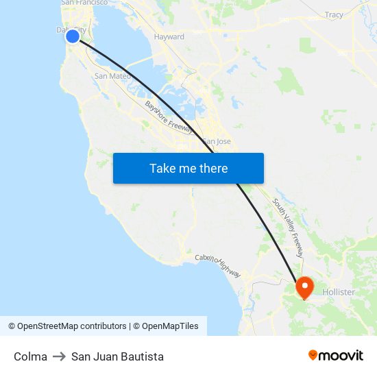 Colma to San Juan Bautista map