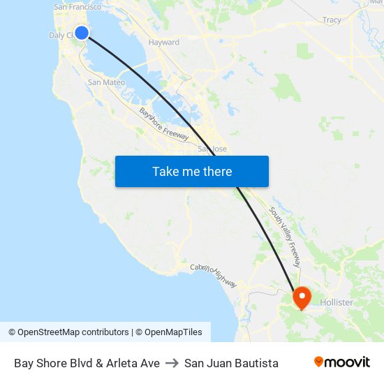 Bay Shore Blvd & Arleta Ave to San Juan Bautista map