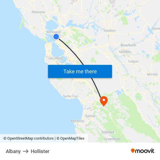 Albany to Hollister map