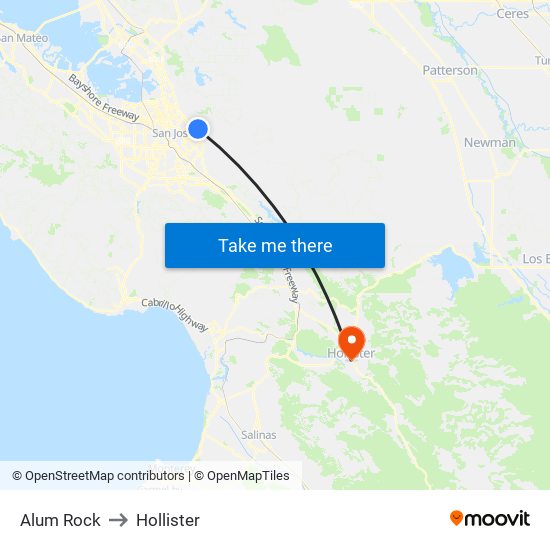 Alum Rock to Hollister map