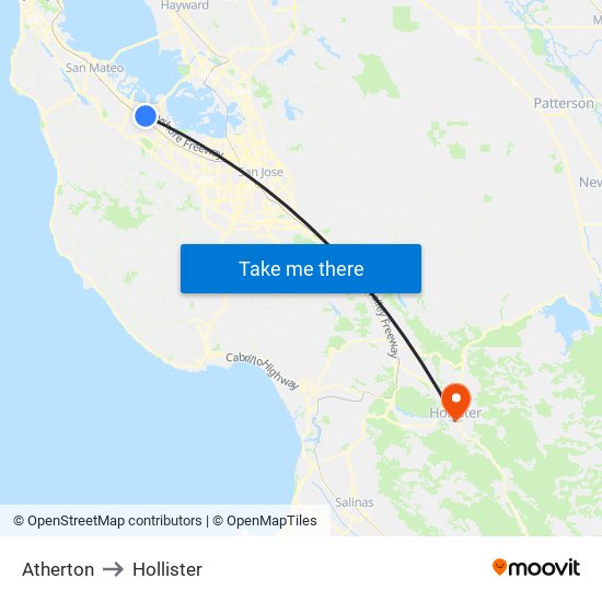 Atherton to Hollister map