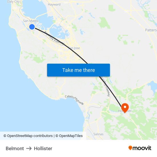 Belmont to Hollister map
