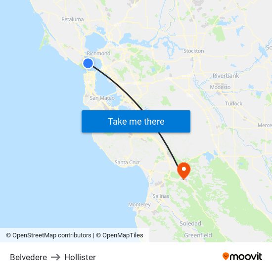 Belvedere to Hollister map