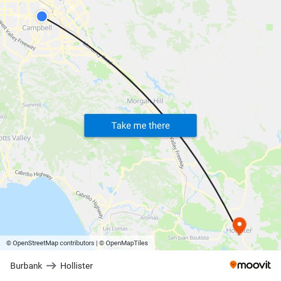 Burbank to Hollister map