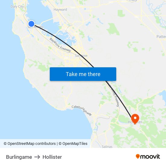 Burlingame to Hollister map