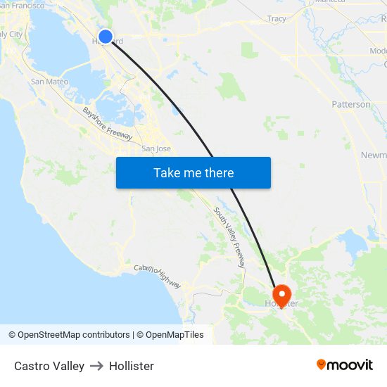 Castro Valley to Hollister map