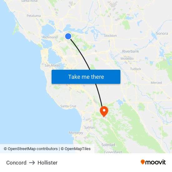 Concord to Hollister map