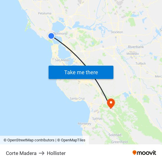 Corte Madera to Hollister map