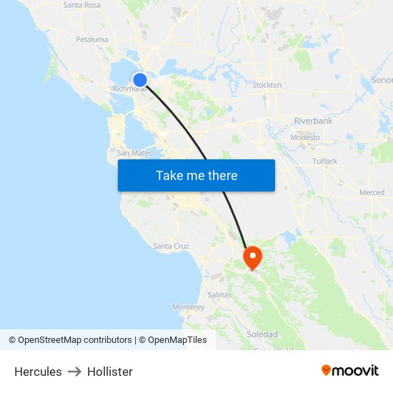 Hercules to Hollister map