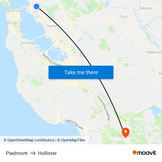 Piedmont to Hollister map