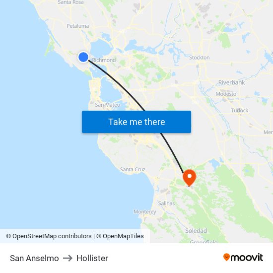 San Anselmo to Hollister map