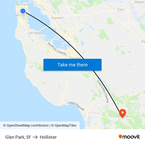 Glen Park, Sf to Hollister map