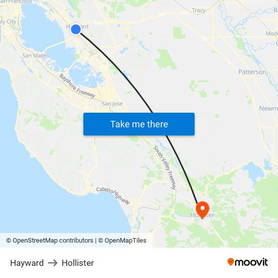 Hayward to Hollister map