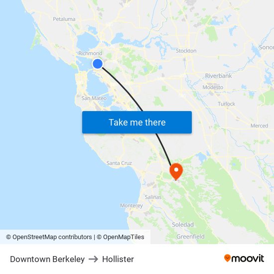 Downtown Berkeley to Hollister map