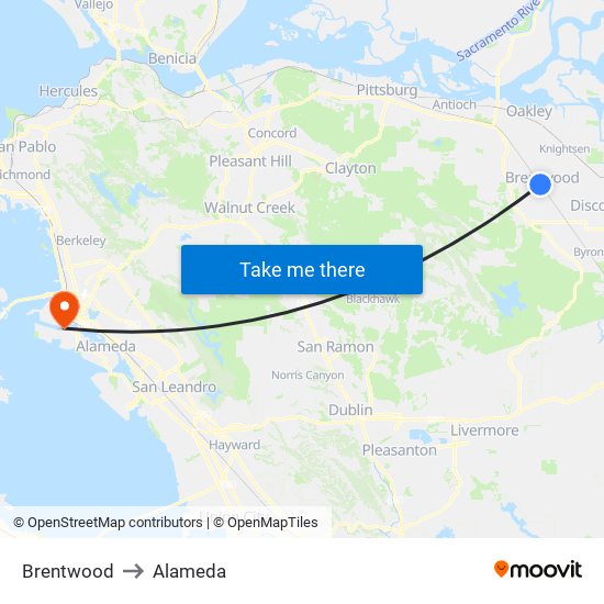 Brentwood to Alameda map