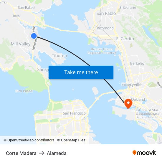 Corte Madera to Alameda map