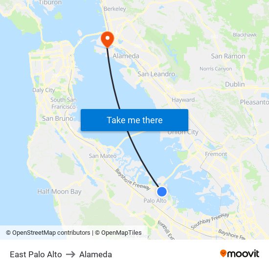 East Palo Alto to Alameda map