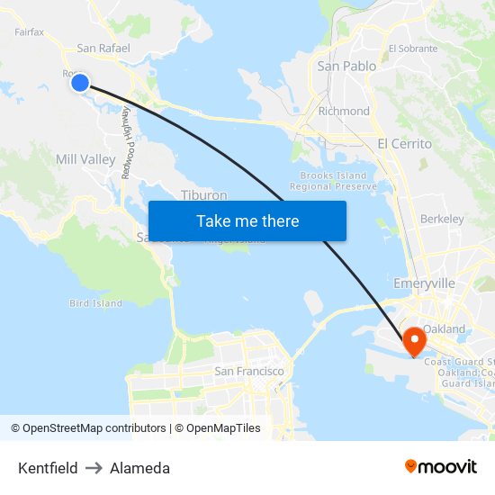 Kentfield to Alameda map