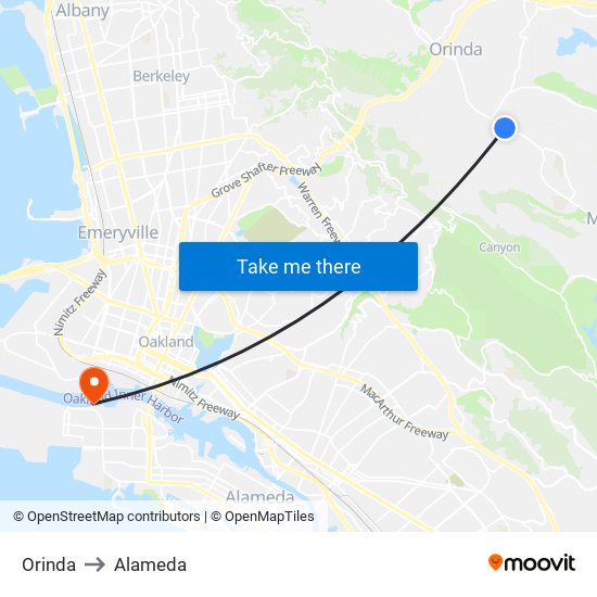 Orinda to Alameda map