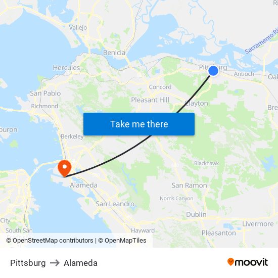Pittsburg to Alameda map