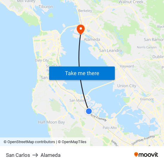 San Carlos to Alameda map