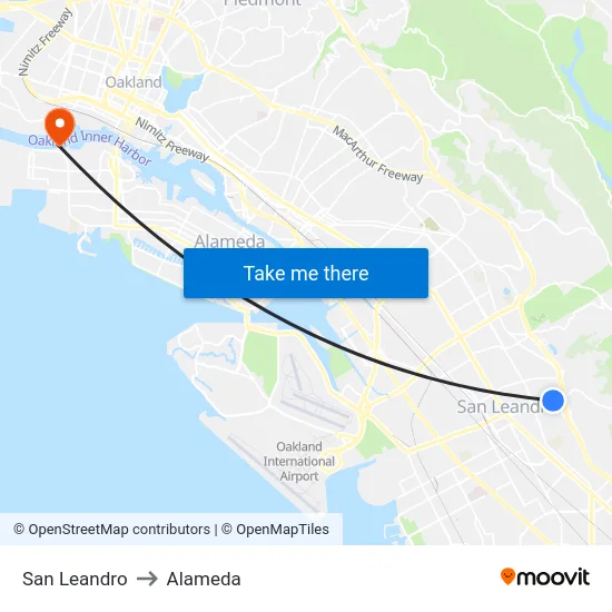 San Leandro to Alameda map