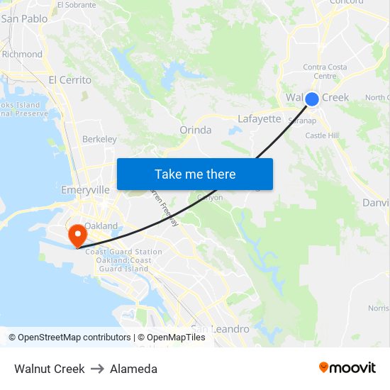 Walnut Creek to Alameda map