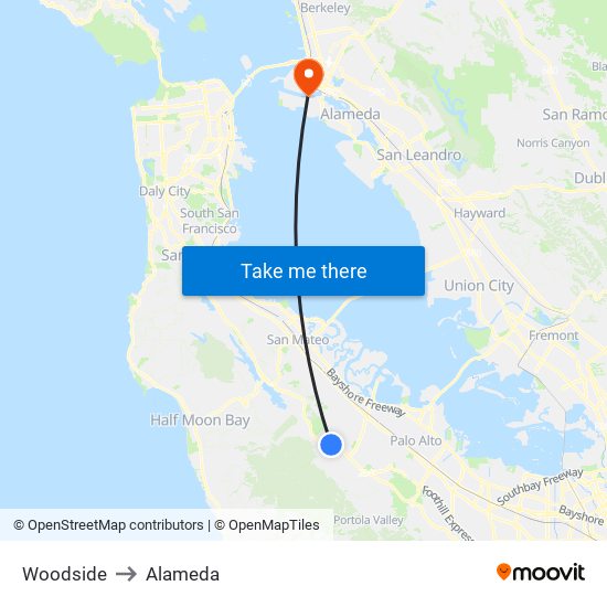 Woodside to Alameda map