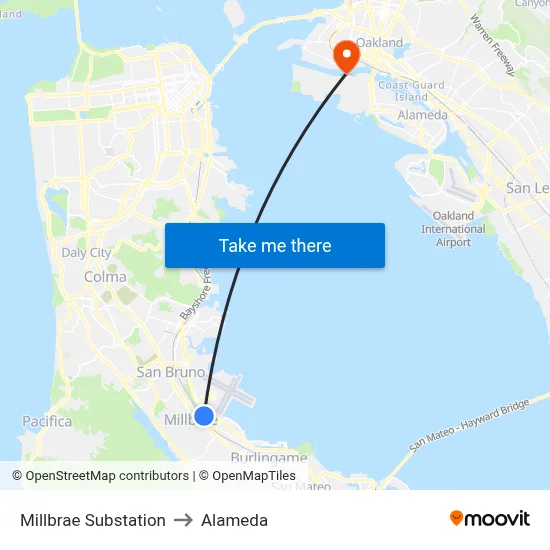 Millbrae Substation to Alameda map