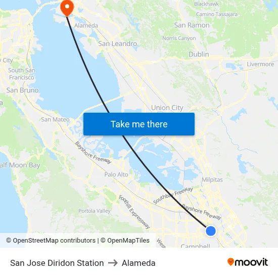 San Jose Diridon Station to Alameda map