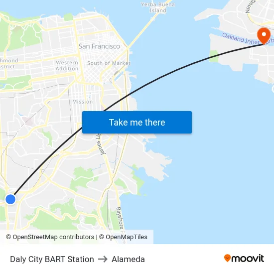 Daly City BART Station to Alameda map